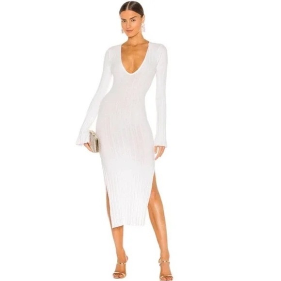 MICHAEL COSTELLO X REVOLVE Gemma Midi Dress in White Ribbed Knit Size Medium EUC - Picture 1 of 10